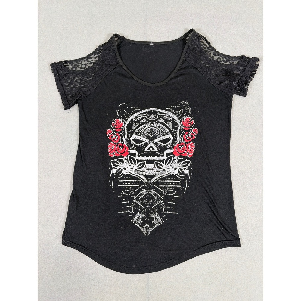 Sugar Skull Rhinestone Cold Shoulder Lace Sleeve Top Black Red Roses Medium teen